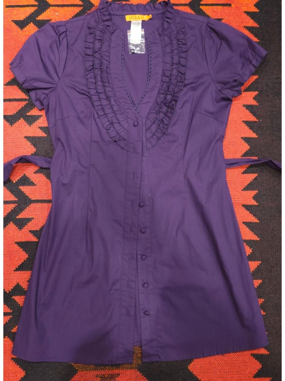 NEW Hera Purple Ruffled Button-Down Short-Sleeve Long Blouse With Tie-Back - Siz